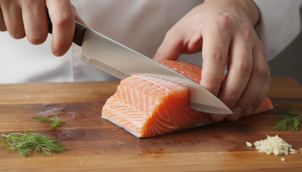 How to cut a pocket in salmon for stuffing.