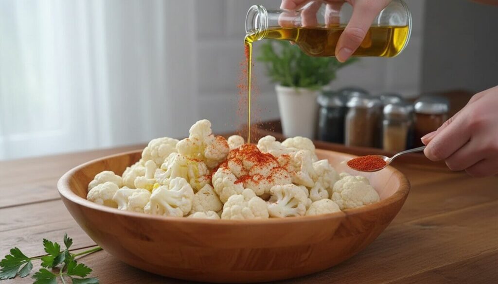 Tossing raw cauliflower florets with olive oil and Mediterranean spices in a wooden bowl.