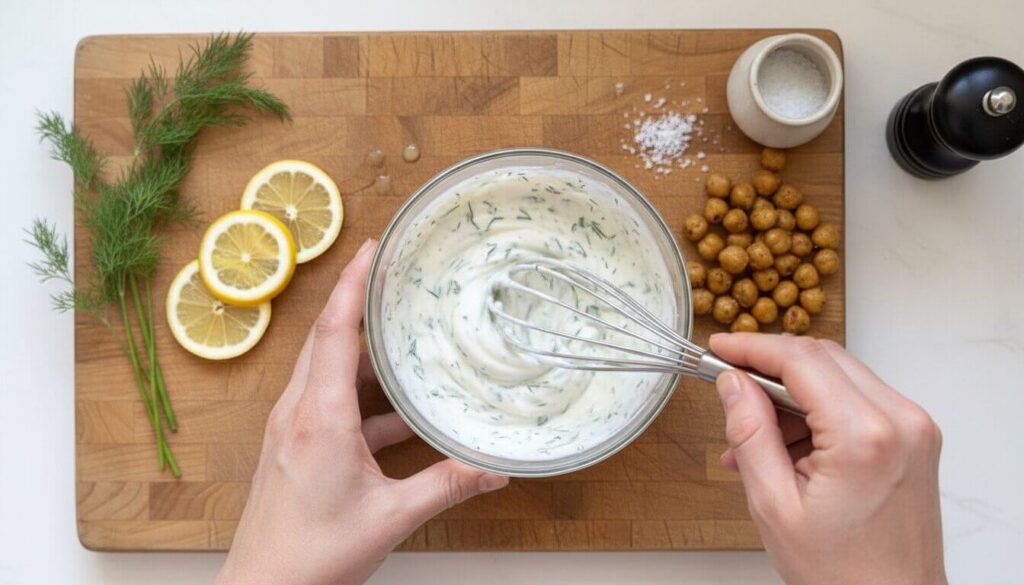 Making homemade tzatziki dressing with Greek yogurt and dill.