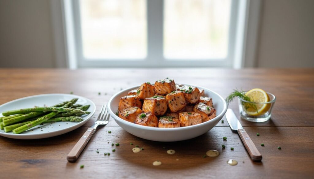 Close-up of crispy Bang Bang salmon bites in a ceramic bowl.