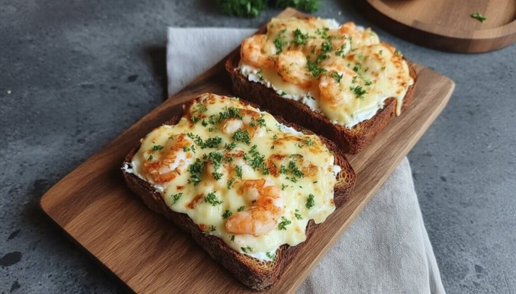 Shrimp and cheese toast with melted mozzarella and parsley.