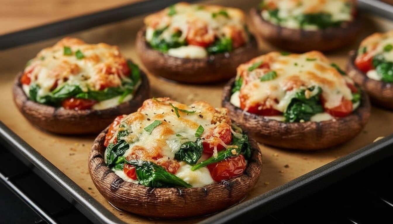Healthy baked stuffed portobello mushroom recipe on a tray.