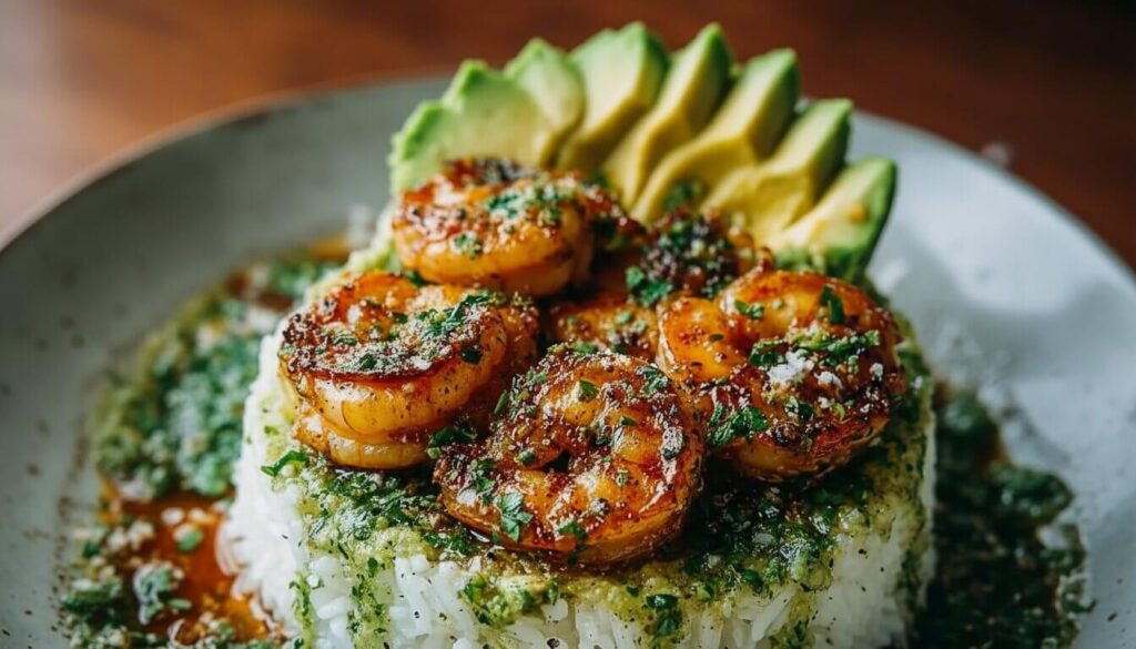 Top-down view of a honey lime shrimp stack with avocado and rice.