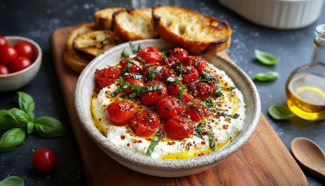 Hot Honey Tomato Ricotta Dip with roasted cherry tomatoes and fresh herbs on a wooden table.