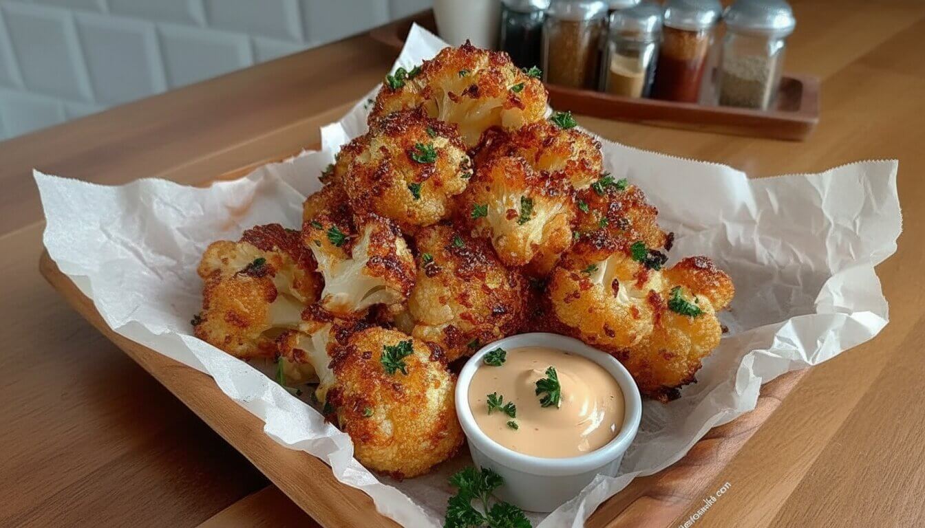 Crispy air-fried cauliflower florets with Mediterranean spices and a side of spicy yogurt dipping sauce.