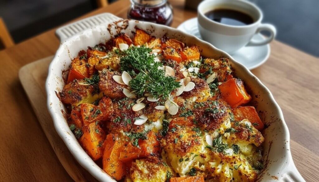 Roasted carrot, pumpkin and sweet potato casserole with feta and almonds.
