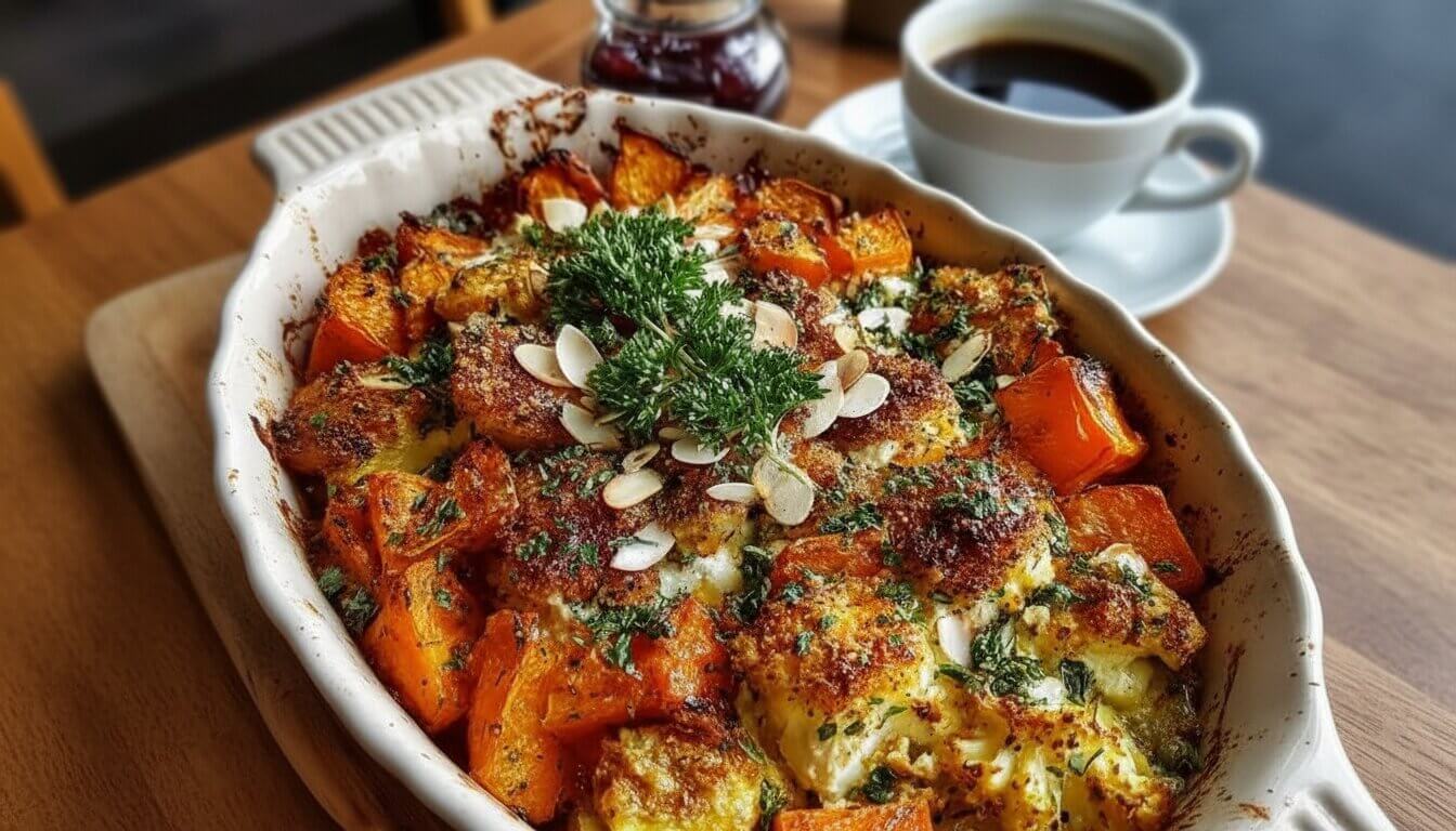 Roasted carrot, pumpkin and sweet potato casserole with feta and almonds.