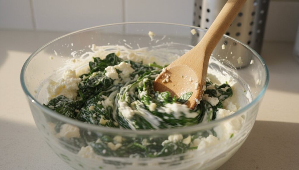 Ricotta cheese and sautéed spinach being mixed in a glass bowl.