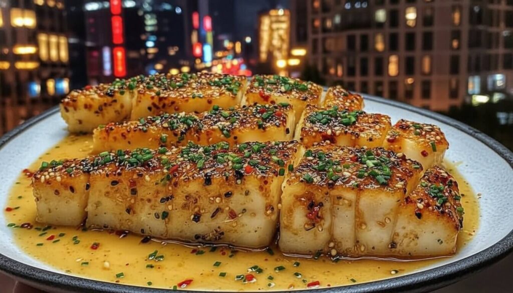 Top-down view of Honey-Lime Glazed Mediterranean White Fish with chives and sesame seeds.