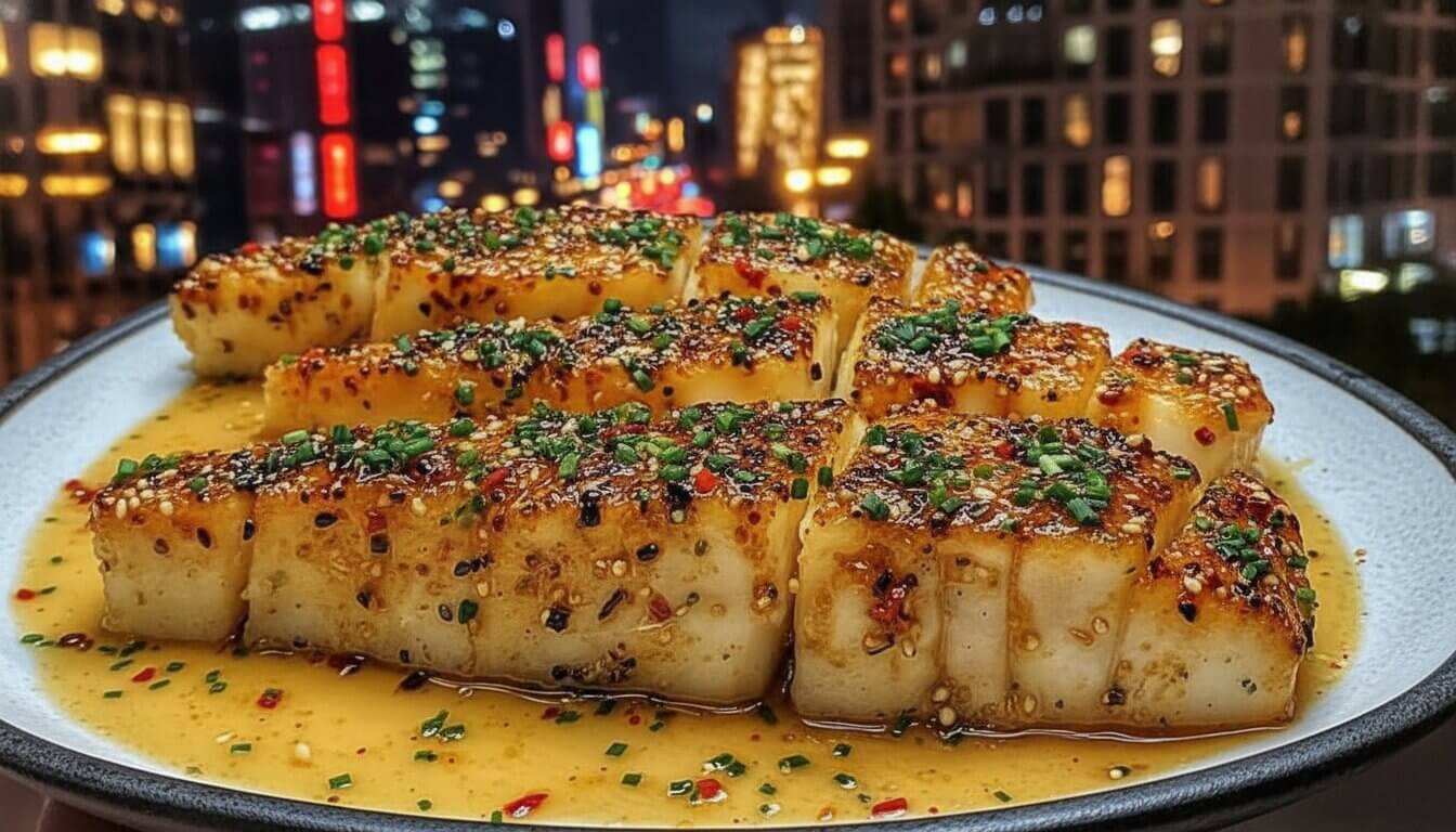 Top-down view of Honey-Lime Glazed Mediterranean White Fish with chives and sesame seeds.