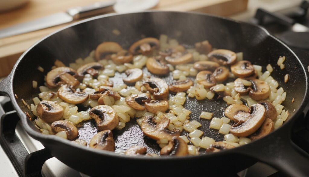 Sliced cremini mushrooms and onions sautéing in a skillet for a vegetarian stuffing.