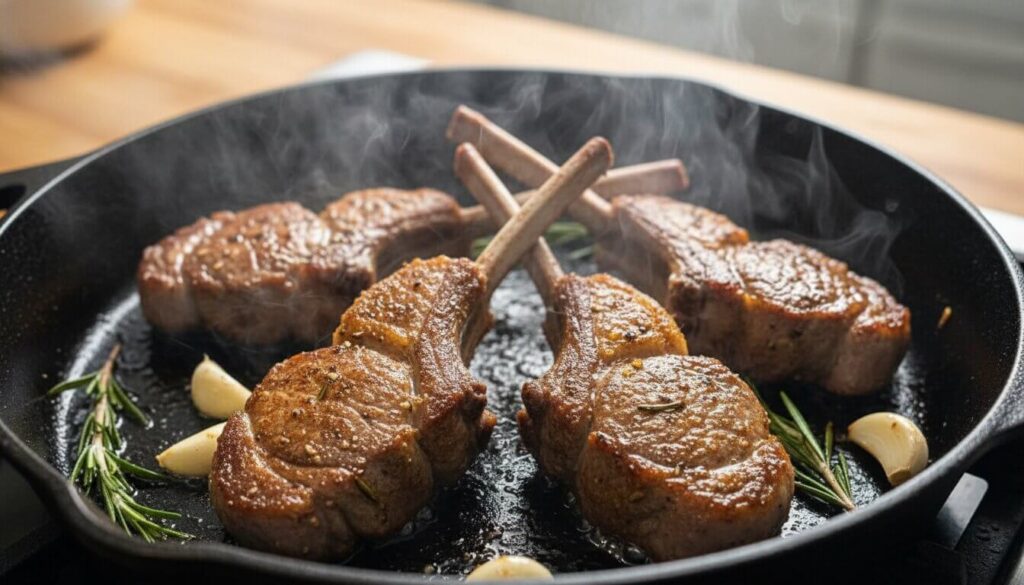 Searing lamb chops in a skillet with rosemary and garlic.