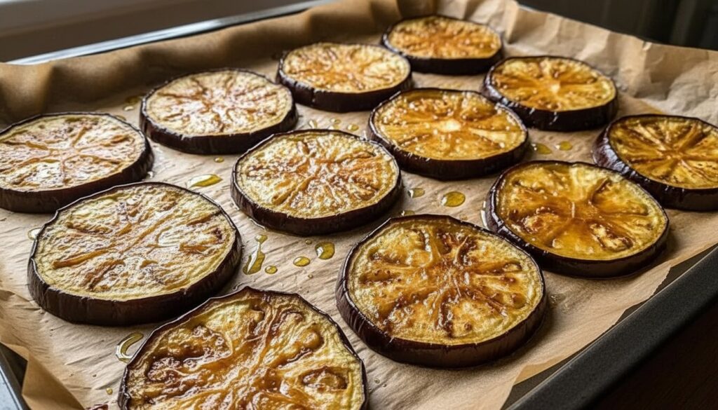 Roasted eggplant slices for a healthy casserole recipe.