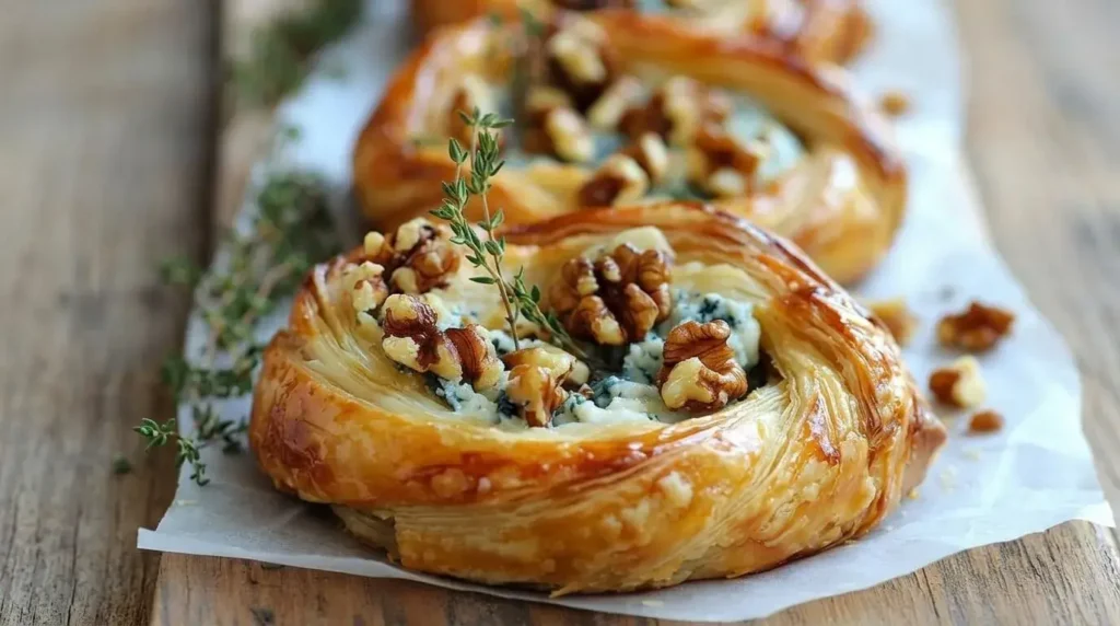 Golden flaky blue cheese puff pastry twirls with toasted walnuts and fresh thyme.