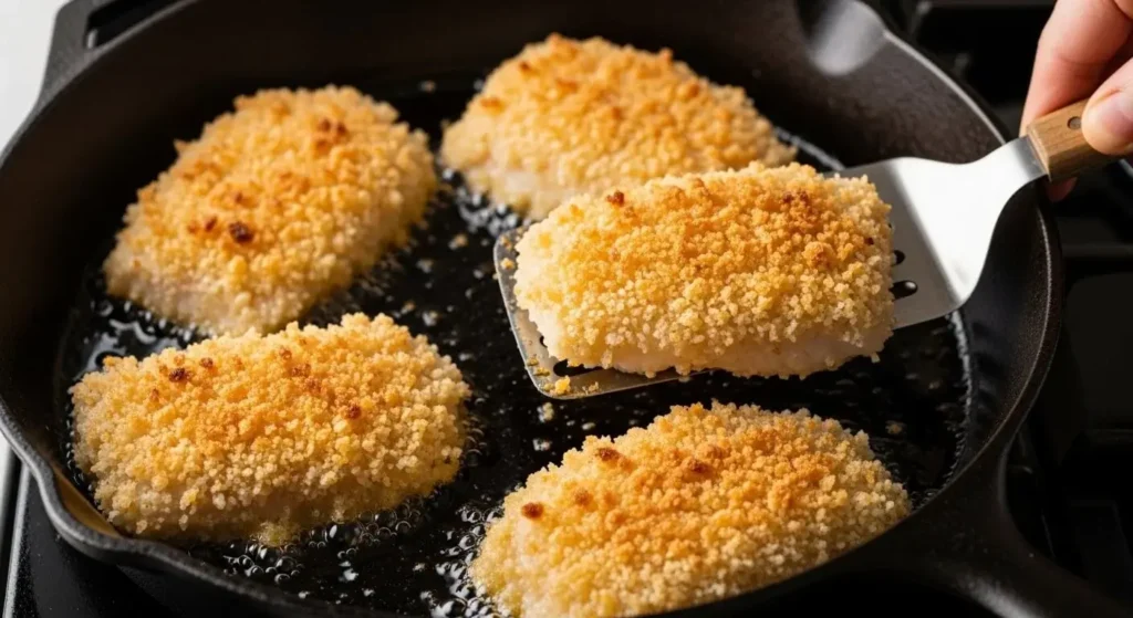 Panko-crusted white fish strips pan-searing to a golden-brown finish in a hot skillet with olive oil.