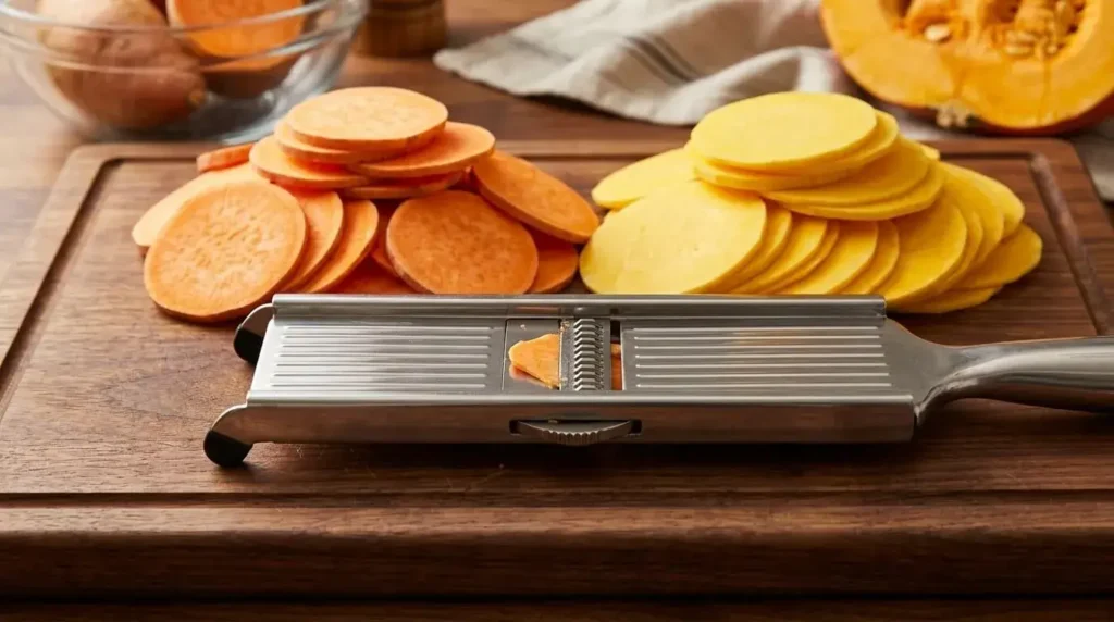 Thinly sliced sweet potato and pumpkin for a vegetable bake.