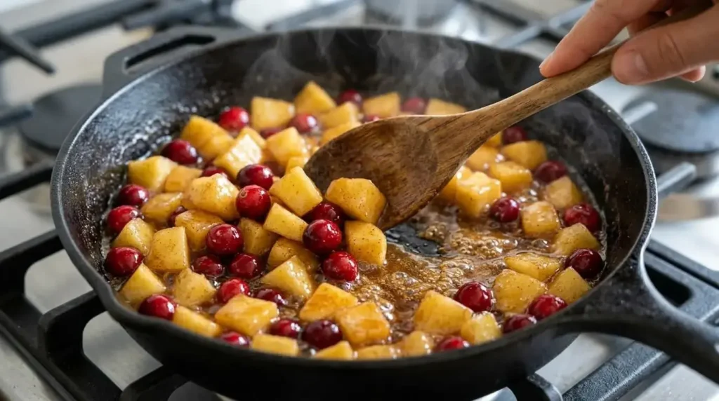 Caramelized cubed apples and plump cranberries simmering in a glossy maple syrup glaze inside a skillet