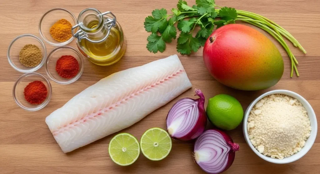 An overhead display of raw ingredients including white fish, mango, lime, cilantro, spices, and panko breadcrumbs.