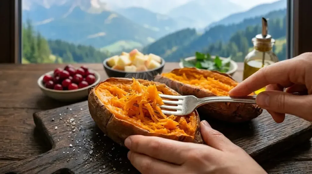 Fluffing the interior flesh of a roasted sweet potato with a fork to prepare for filling