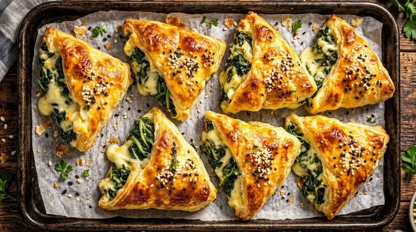 Golden spinach and puff pastry turnovers with feta cheese.