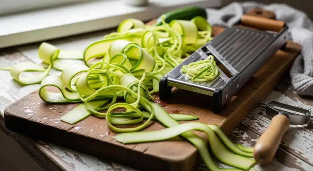 Slicing zucchini into thin strips for Mediterranean zucchini roll ups.