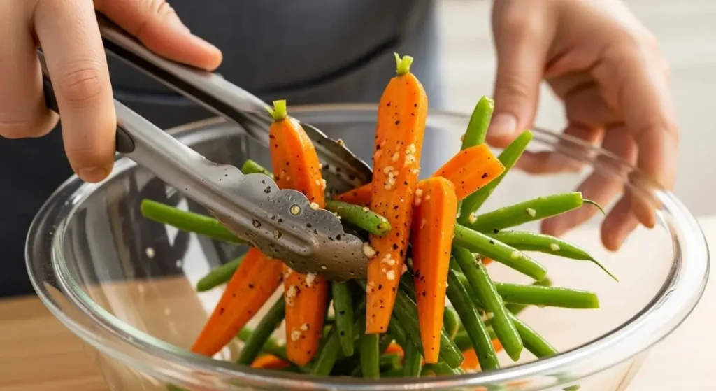 Close-up of tossing glistening carrots and green beans with honey garlic glaze in a glass bowl.