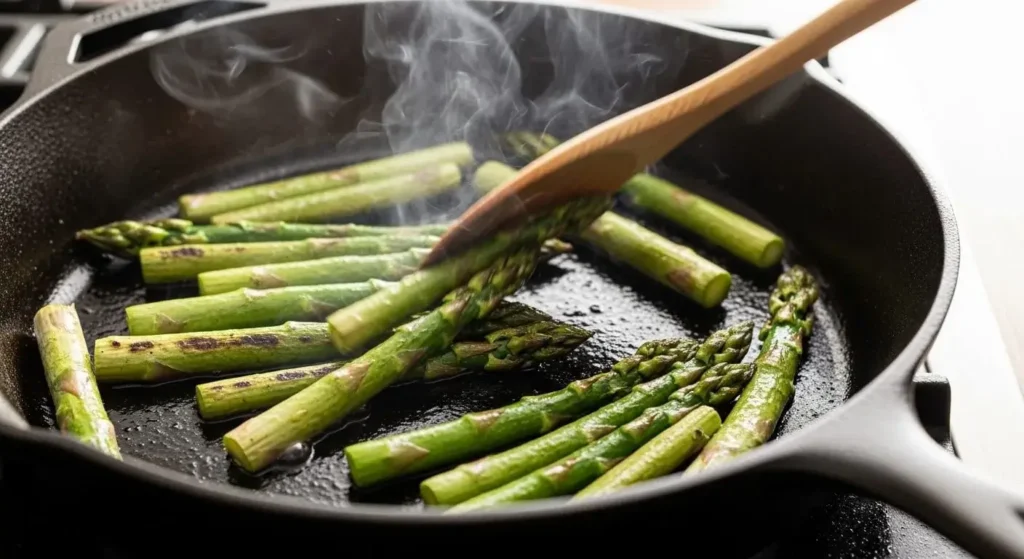Fresh green asparagus pieces searing and blistering in a hot cast-iron skillet on a stovetop.