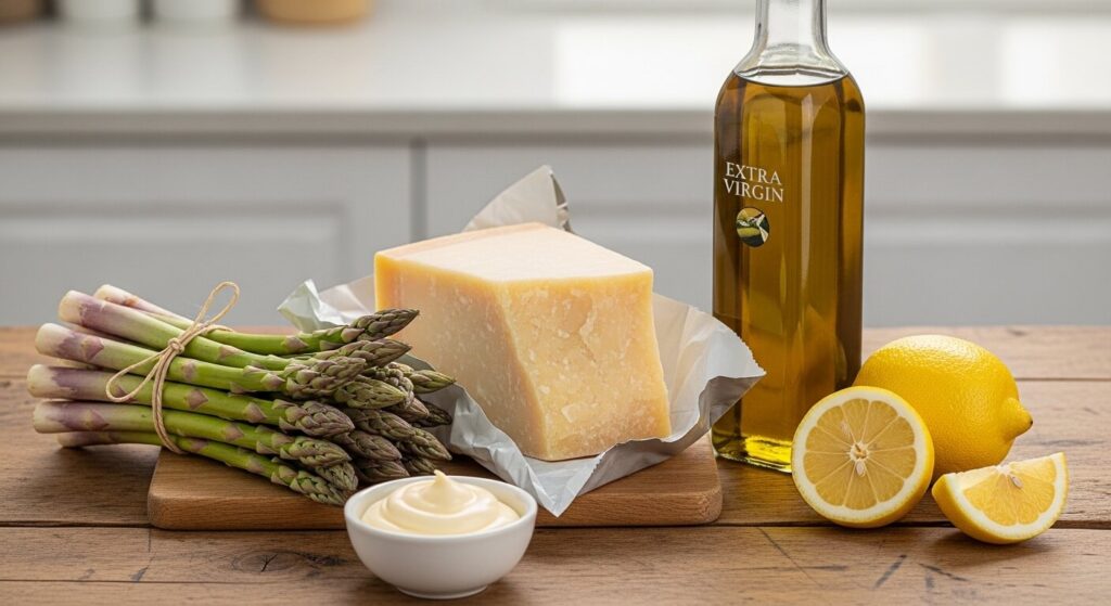Ingredients for making parmesan asparagus and lemon aioli.