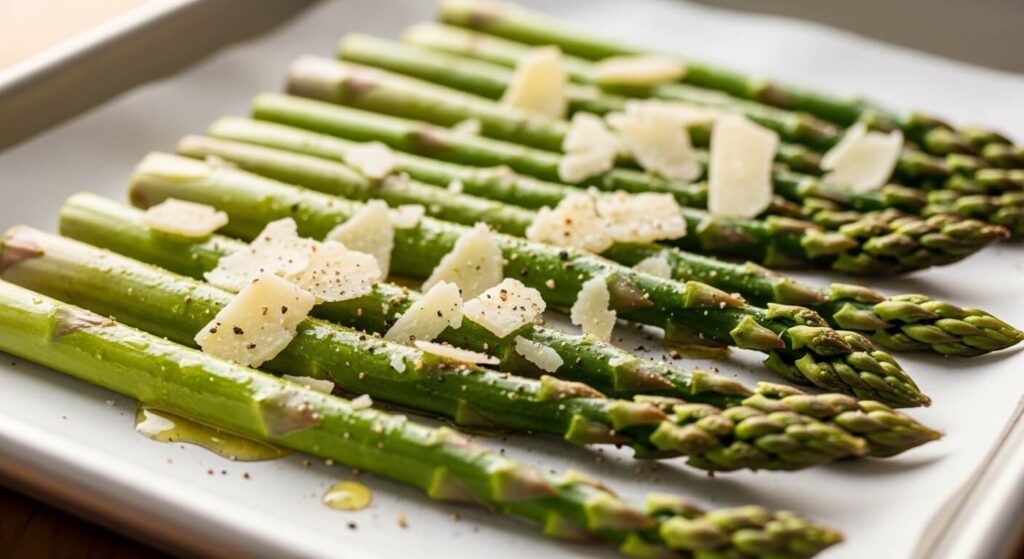 Raw asparagus seasoned with olive oil and parmesan on a baking sheet.