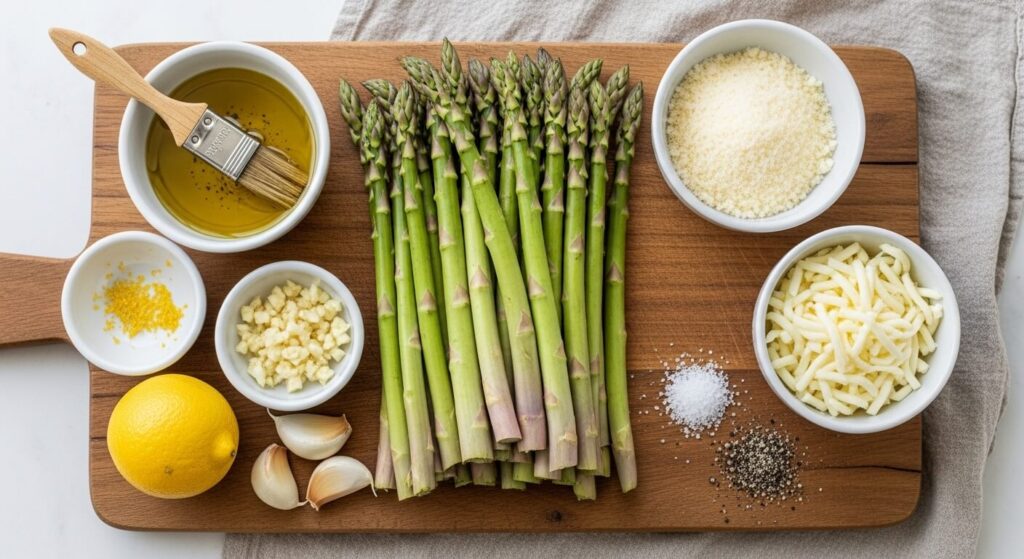 Raw ingredients for cheesy baked asparagus including fresh green spears, extra virgin olive oil, minced garlic, shredded mozzarella, and grated parmesan cheese on a wooden board.