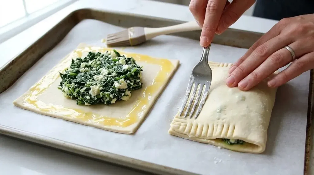 Hand-pressing and crimping the edges of a puff pastry pocket with a fork on parchment paper during recipe assembly.