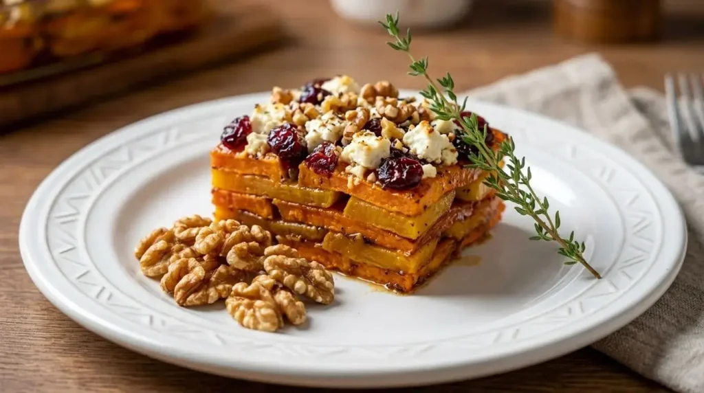 A single serving of layered sweet potato pumpkin bake on a white plate.