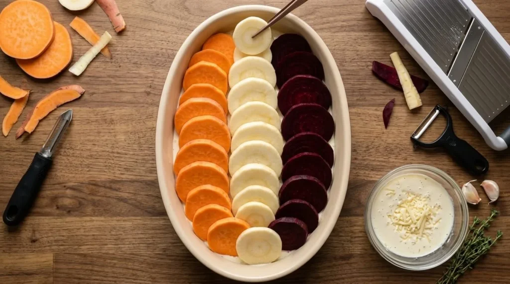 Arranging sweet potatoes, parsnips, and beets in rows for a root vegetable gratin.