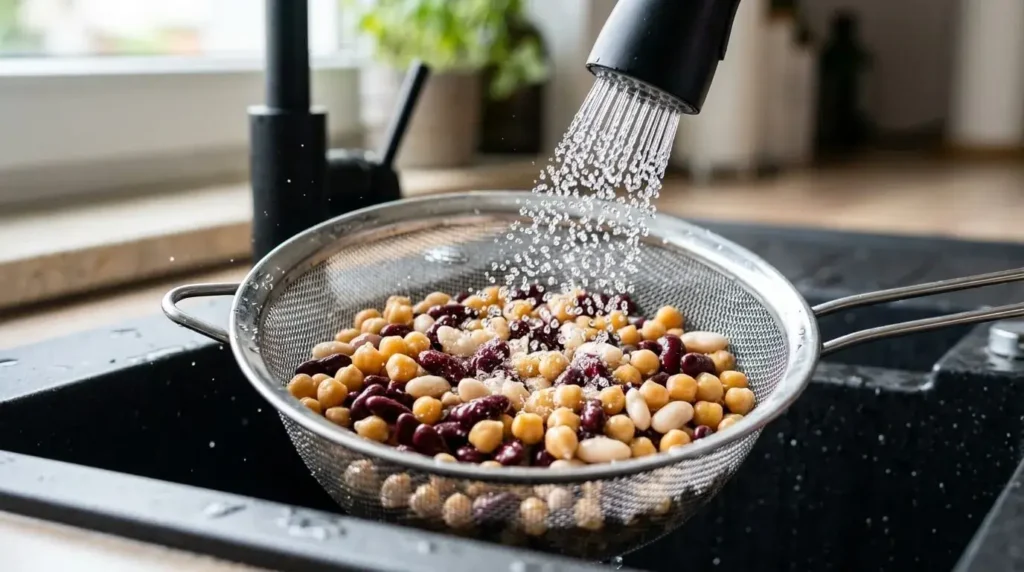 Close-up of mixed canned chickpeas, cannellini, and kidney beans being rinsed under cold tap water in a kitchen sink colander.