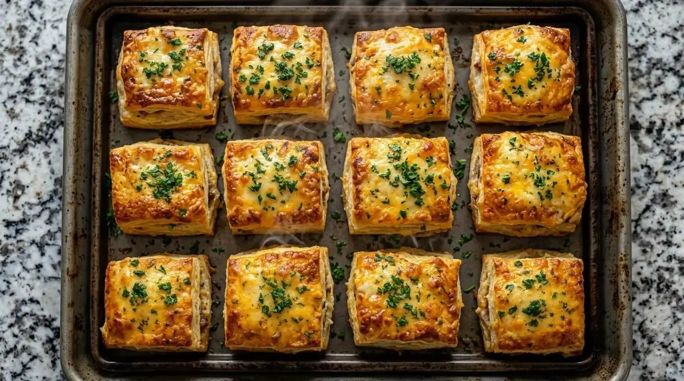 Golden flaky beef and cheese sliders baked with puff pastry and topped with fresh parsley.