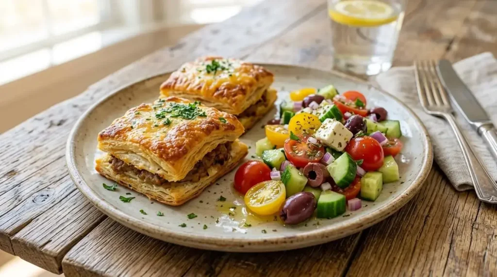 Flaky beef sliders served with a fresh Mediterranean side salad.