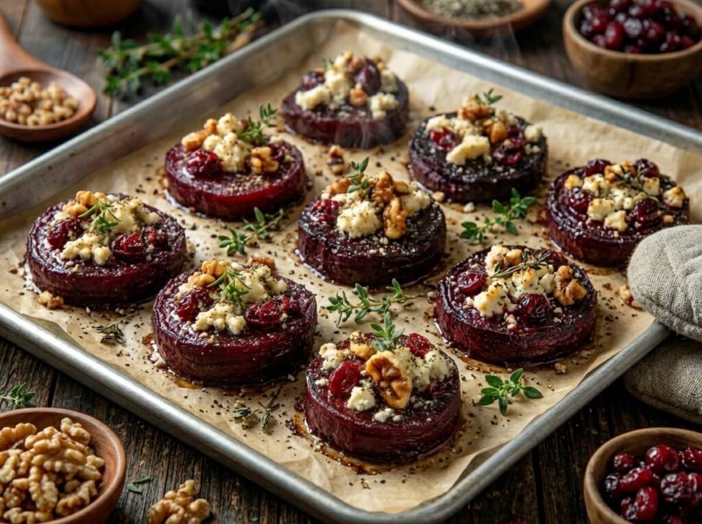 Caramelized roasted beets on a baking sheet.