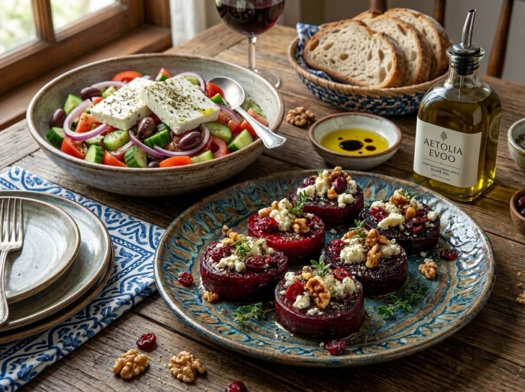 Mediterranean dinner spread featuring honey roasted beets.