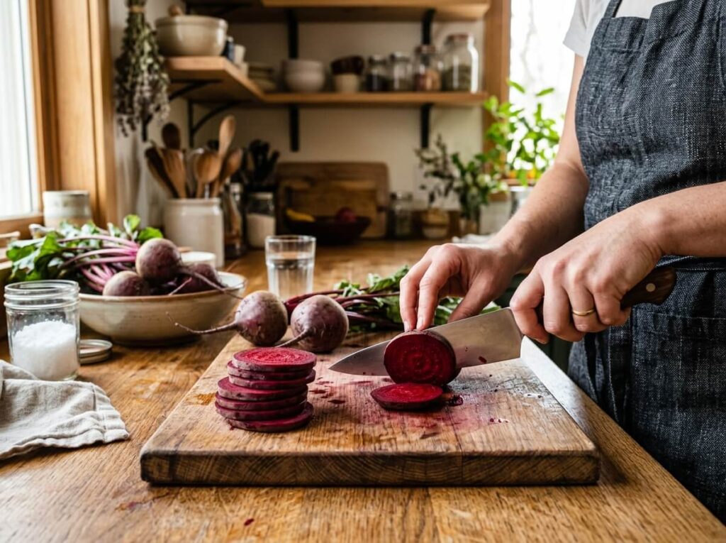 Slicing fresh beets into rounds for roasting.
