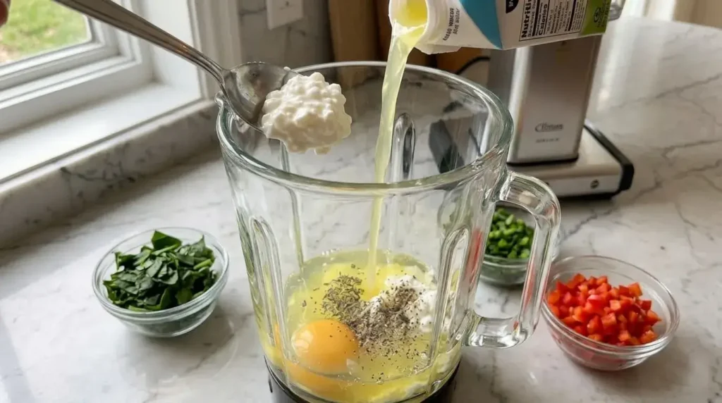 Ingredients for healthy egg bites being poured into a kitchen blender.