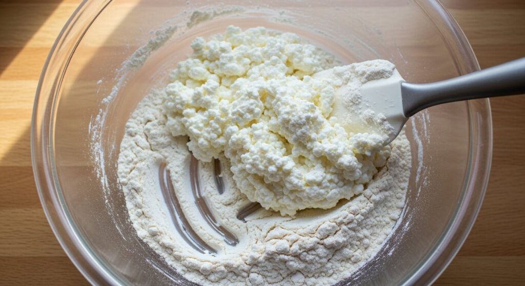 Mixing blended cottage cheese and flour to make high protein bagel dough.