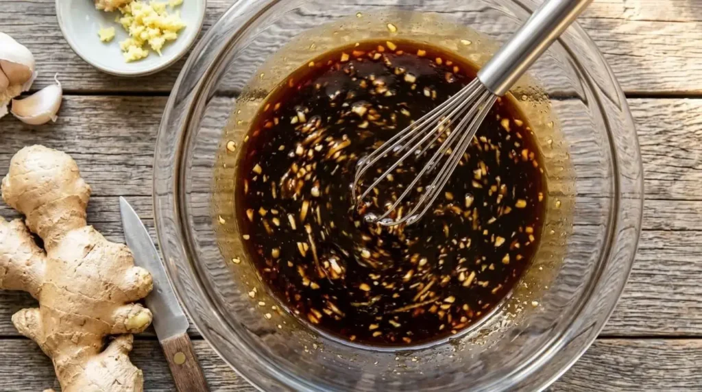 Whisking a dark homemade cashew chicken sauce with fresh garlic and ginger in a glass bowl.