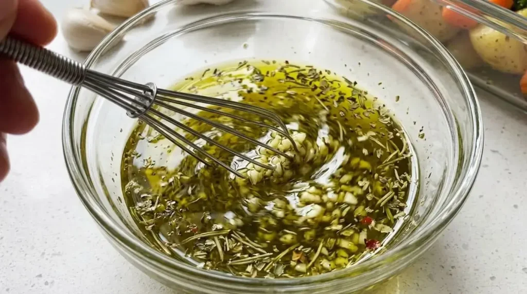 Ingredients for garlic herb marinade including olive oil and Mediterranean herbs.