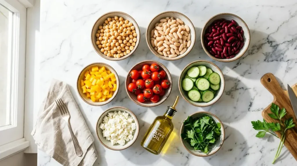 Overhead view of fresh Mediterranean ingredients for a dense bean salad recipe including chickpeas, white beans, cucumbers, cherry tomatoes, and olive oil on a white marble surface.