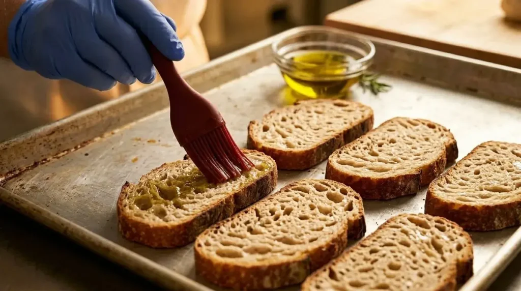 Brushing thick rustic artisan bread slices with extra virgin olive oil on a baking sheet