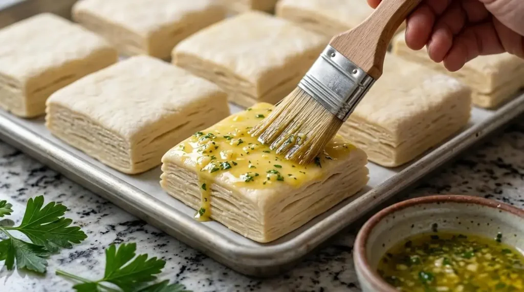 Brushing garlic butter glaze onto puff pastry sliders.