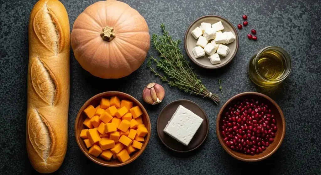 Raw ingredients for butternut squash crostini layout featuring fresh baguette, diced squash, thyme, olive oil, and pomegranate seeds on a stone background.