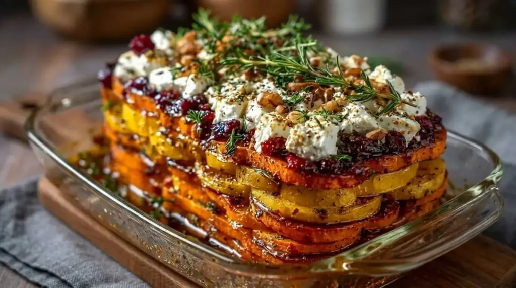 Layered sweet potato and pumpkin bake with feta cheese, walnuts, herbs, and cranberry drizzle.