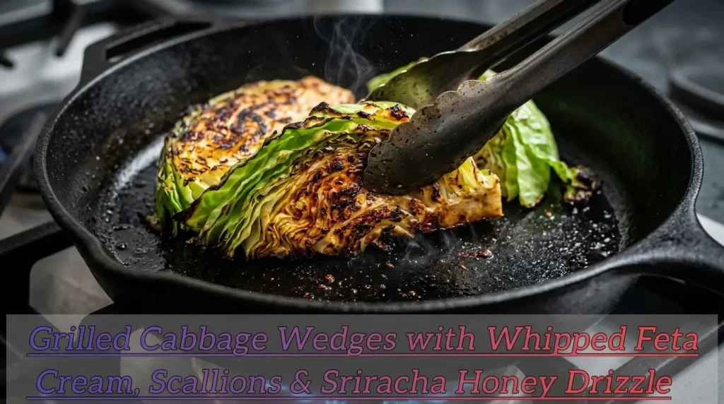 Green cabbage wedges searing and carmellezing with dark grill marks in a hot cast-iron skillet.
