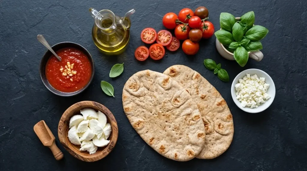Raw ingredients for making an easy Mediterranean Caprese naan pizza arranged neatly on a dark counter.